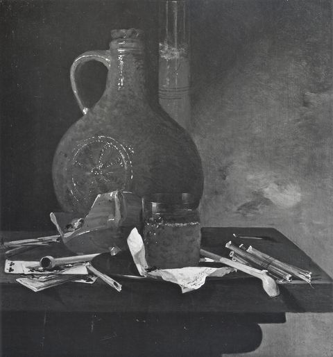 Anonimo — Claeuw Jacques de - sec. XVII - Natura morta con brocca, bicchiere, pipe e mazzo di carte — insieme
